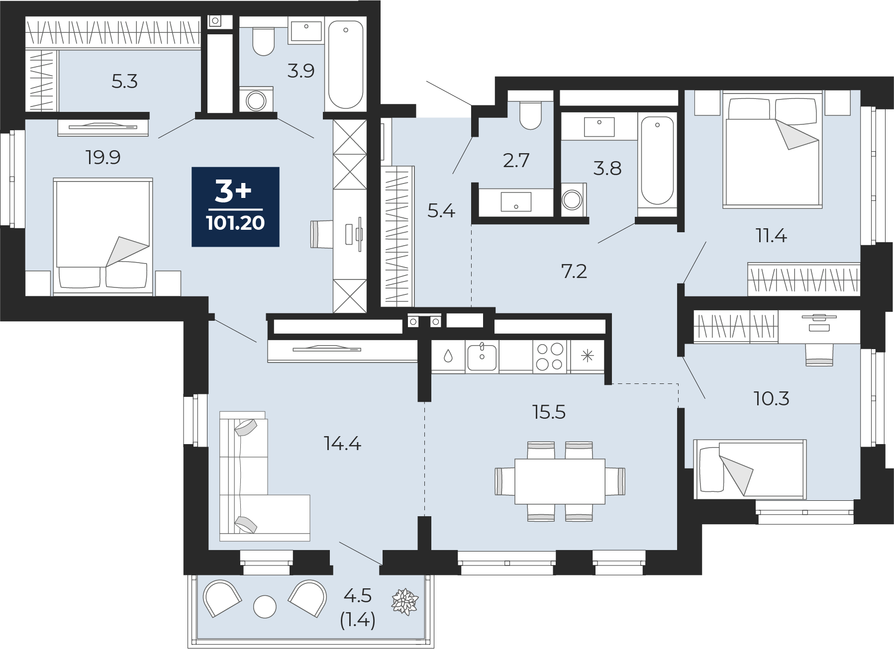 Планировка: 4-комнатная евро 104.3 м² в ЖК Мириады, Мыс