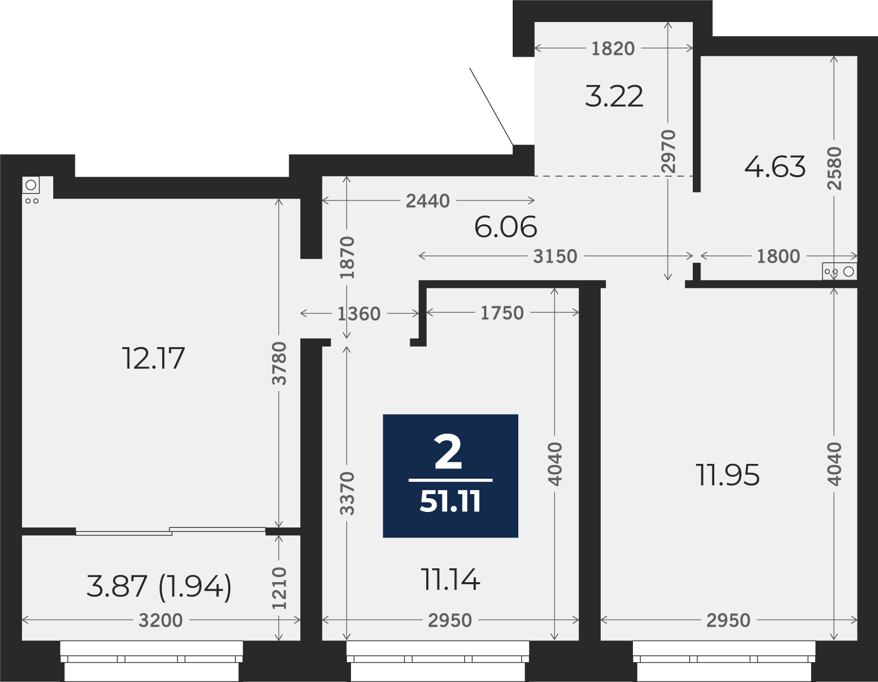 Квартира № 59, 2-комнатная, 51.11 кв. м, 13 этаж