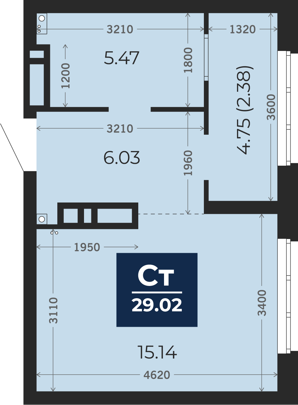 Квартира № 438, Студия, 29.02 кв. м, 21 этаж
