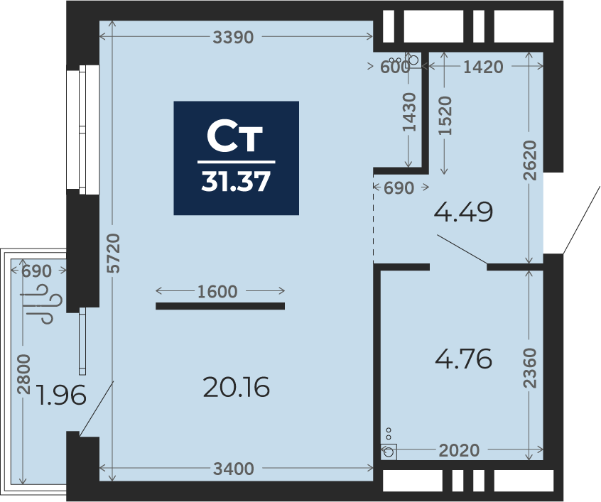 Квартира № 56, 1-комнатная, 30 кв. м, 8 этаж