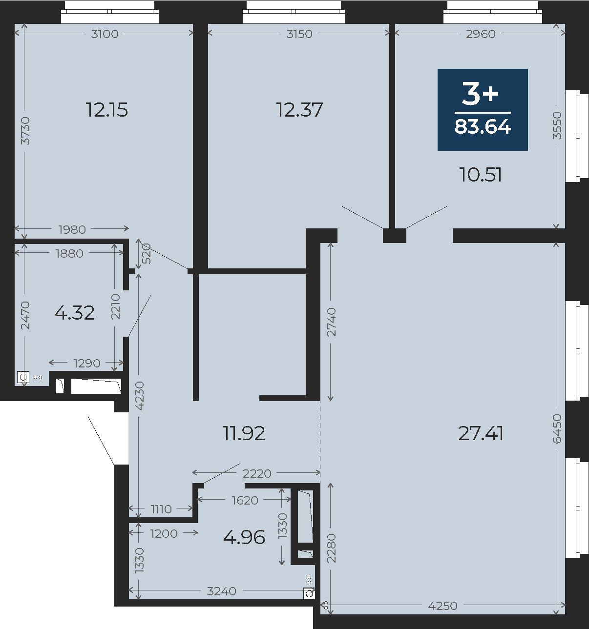 Квартира № 245, 3-комнатная, 83.64 кв. м, 19 этаж