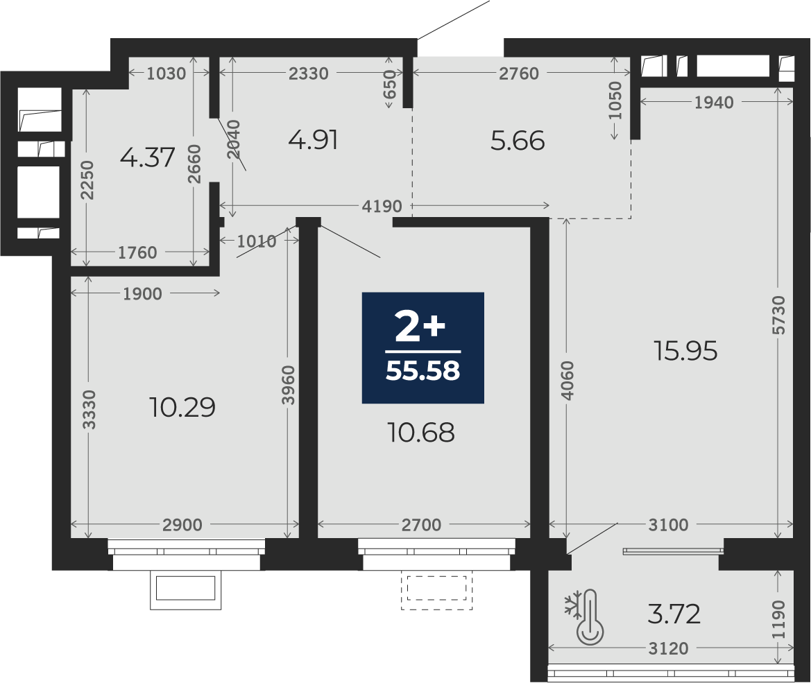 Квартира № 36, 2-комнатная, 55.58 кв. м, 6 этаж