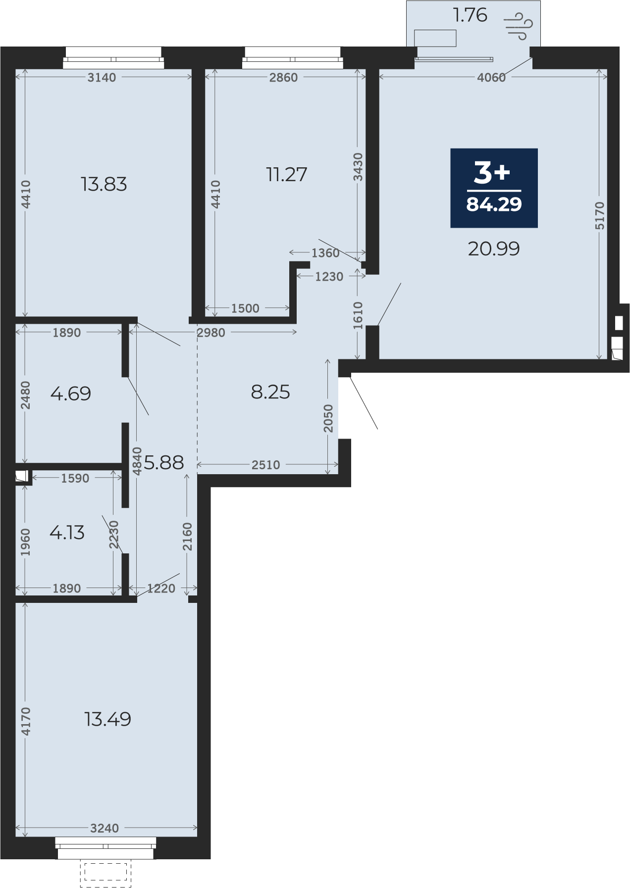 Квартира № 445, 3-комнатная, 84.29 кв. м, 2 этаж
