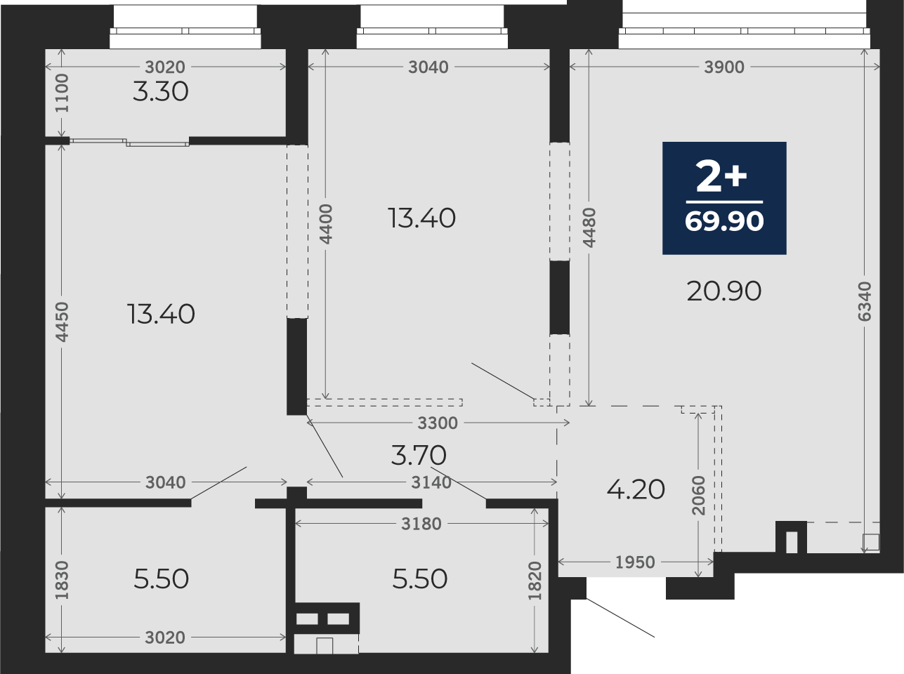 Квартира № 361, 2-комнатная, 69.9 кв. м, 2 этаж