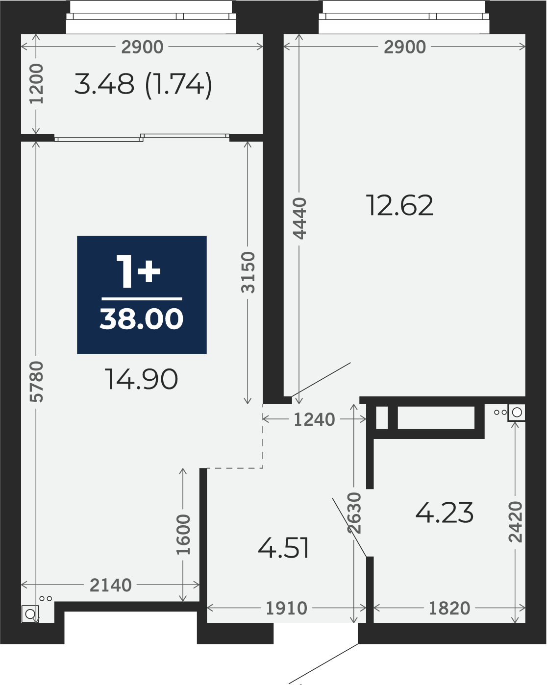 Квартира № 251, 1-комнатная, 38 кв. м, 15 этаж