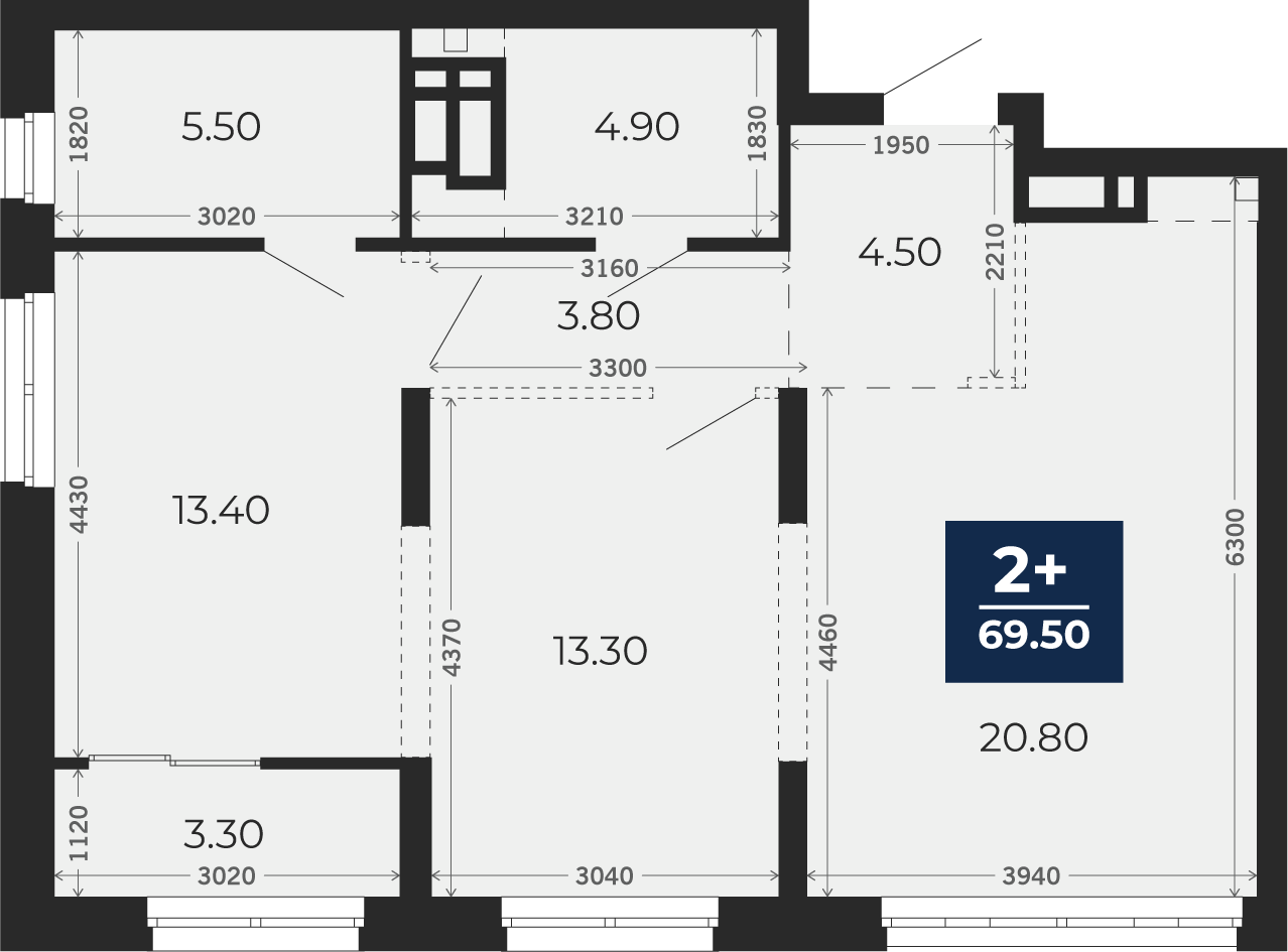Квартира № 405, 2-комнатная, 69.5 кв. м, 11 этаж
