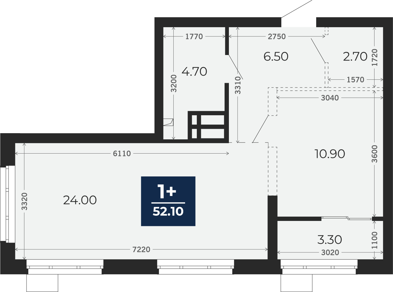 Квартира № 13, 1-комнатная, 52.1 кв. м, 3 этаж