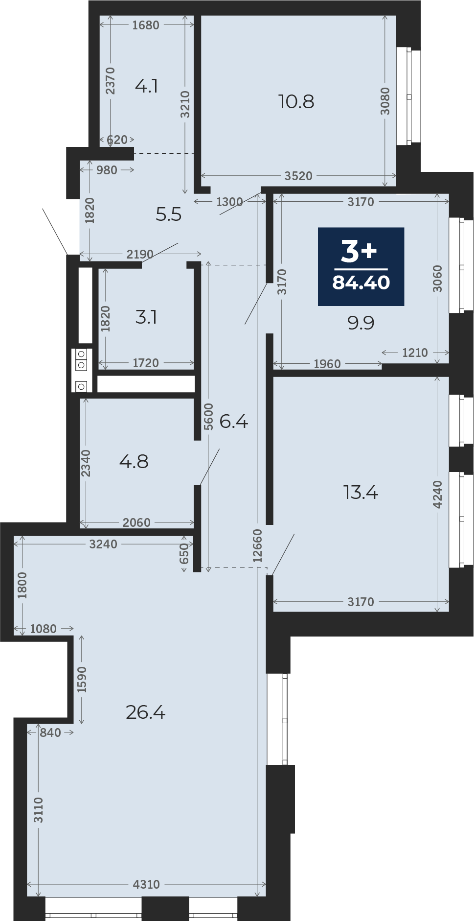 Квартира № 109, 3-комнатная, 84.4 кв. м, 12 этаж
