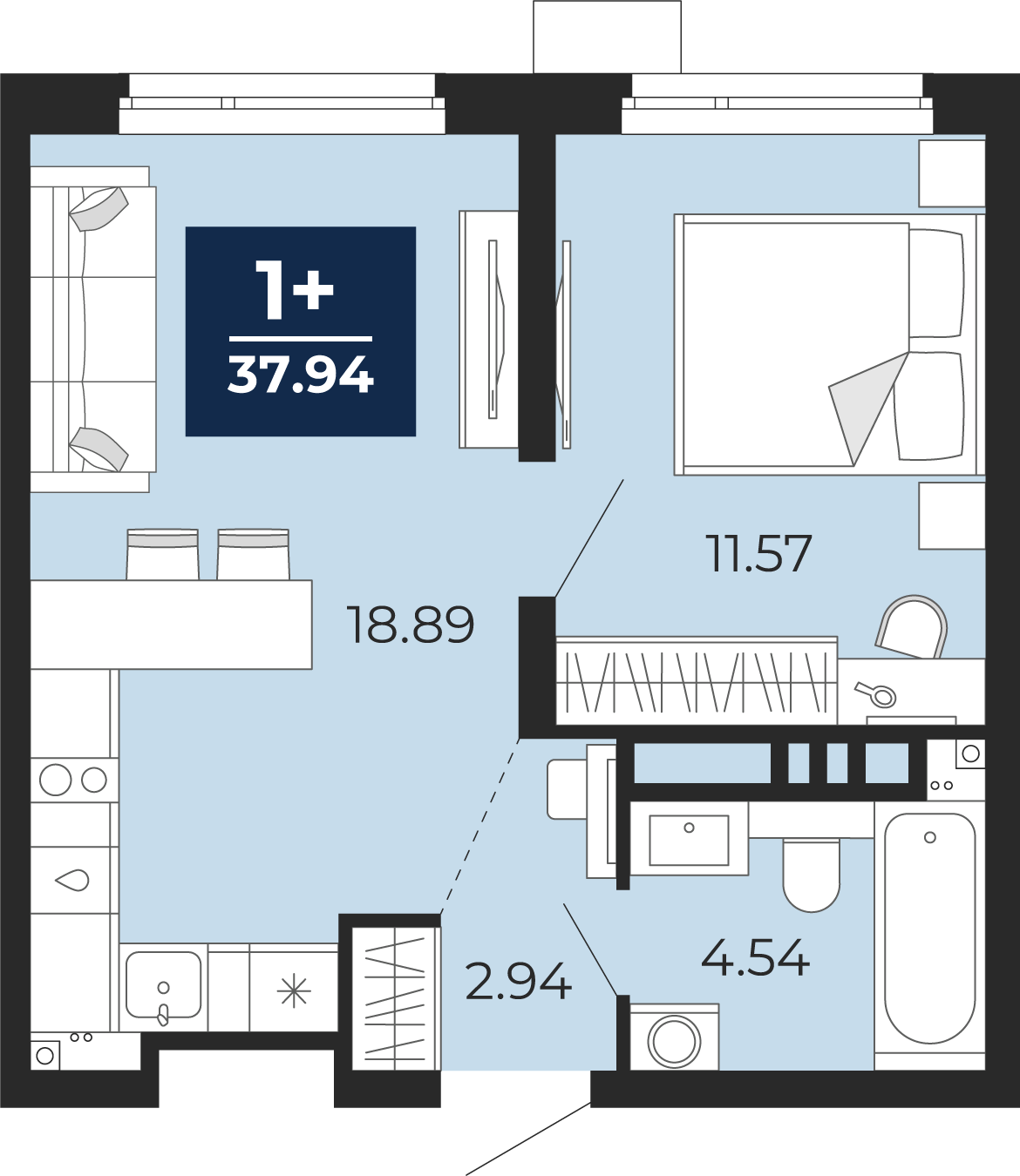 Квартира № 156, 1-комнатная, 37.94 кв. м, 21 этаж