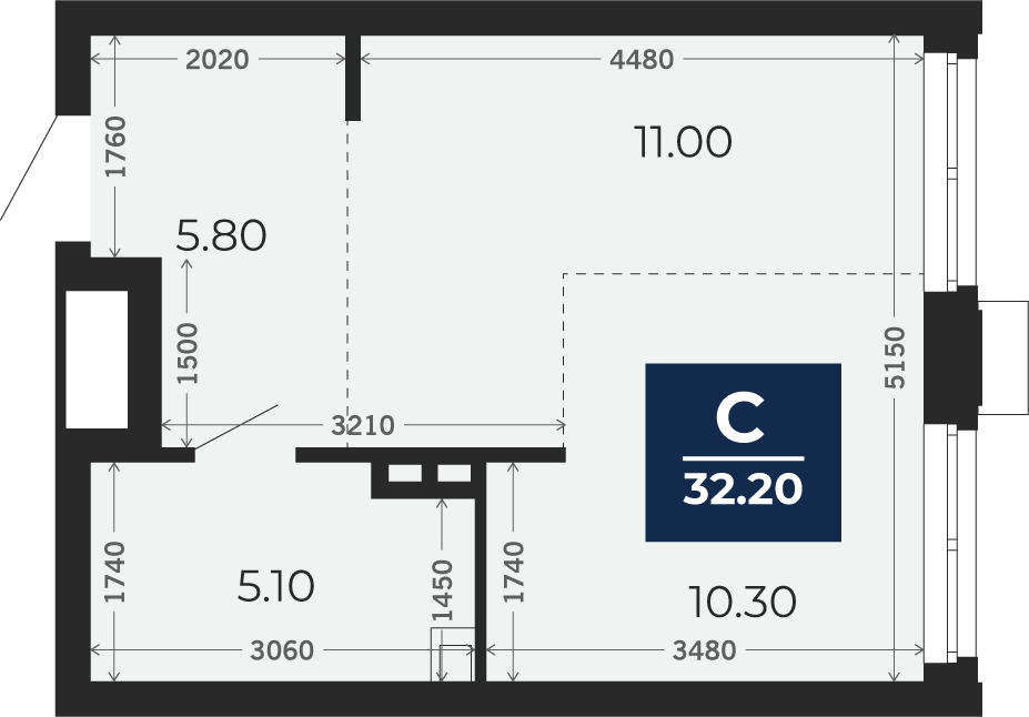 Квартира № 138, Студия, 32.2 кв. м, 2 этаж