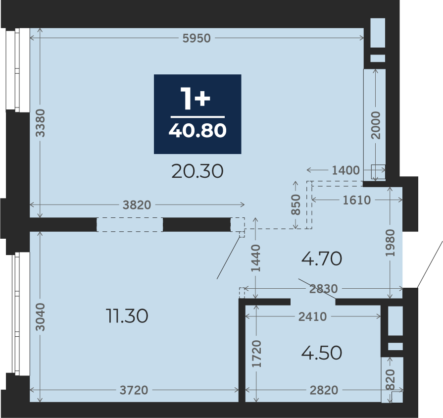 Квартира № 406, 1-комнатная, 40.8 кв. м, 3 этаж