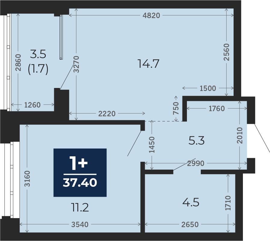 Квартира № 112, 1-комнатная, 39.2 кв. м, 12 этаж