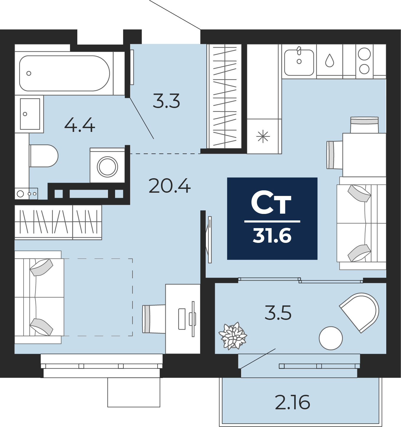 Квартира № 33, Студия, 34.45 кв. м, 8 этаж