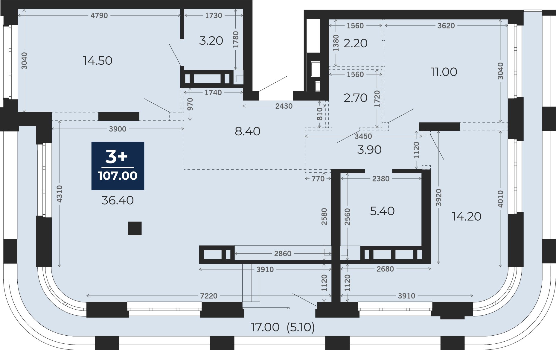 Квартира № 454, 2-комнатная, 107 кв. м, 13 этаж