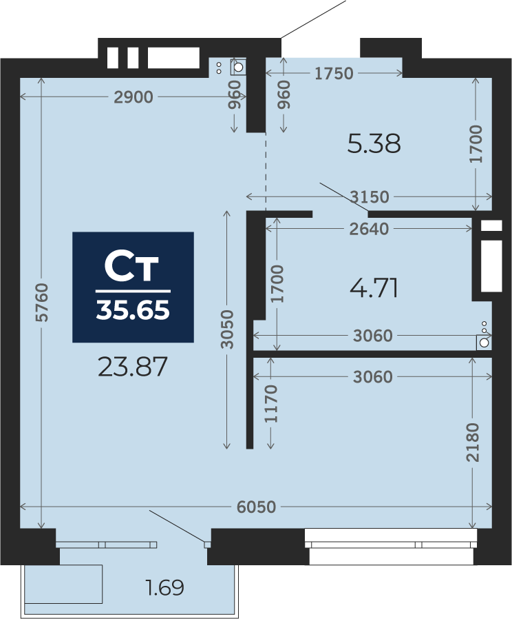 Квартира № 393, Студия, 35.65 кв. м, 14 этаж