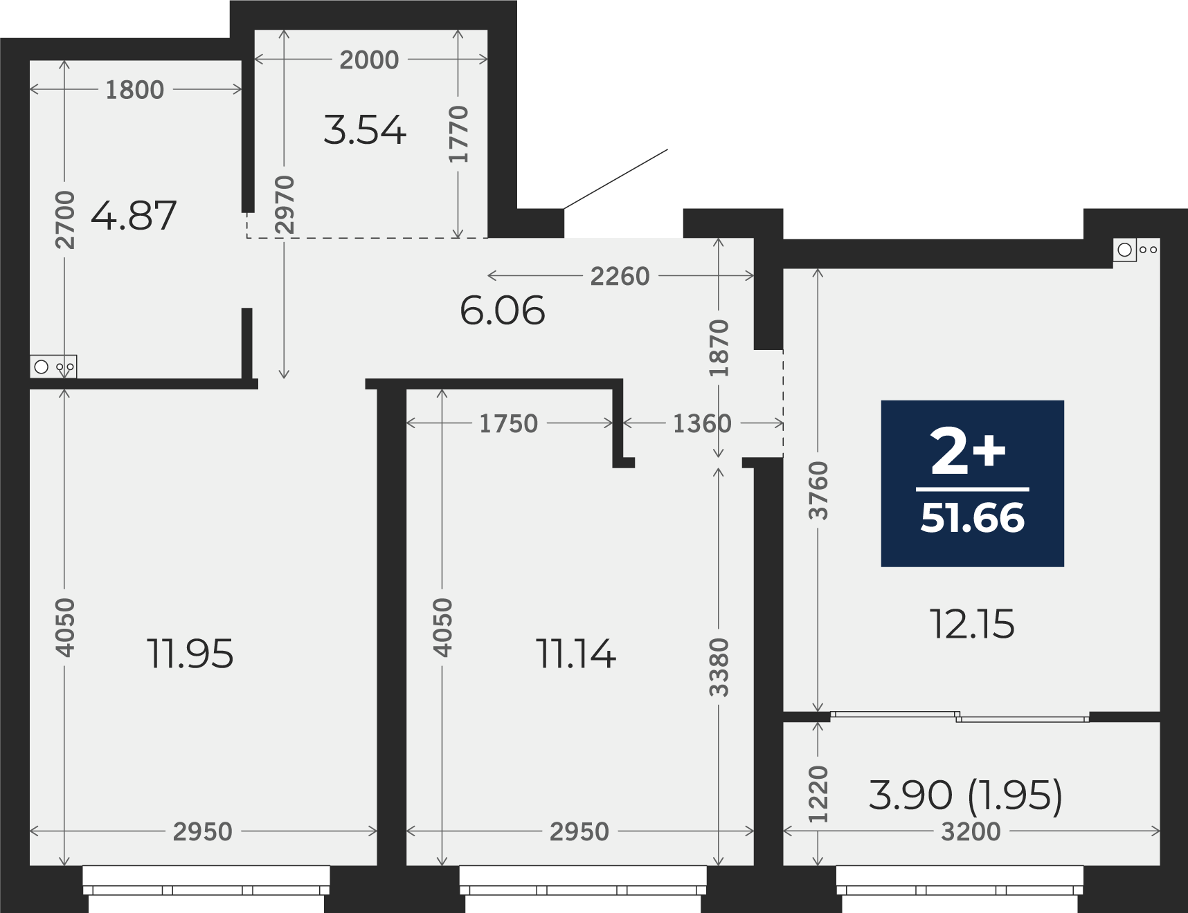 Квартира № 4, 2-комнатная, 51.66 кв. м, 2 этаж