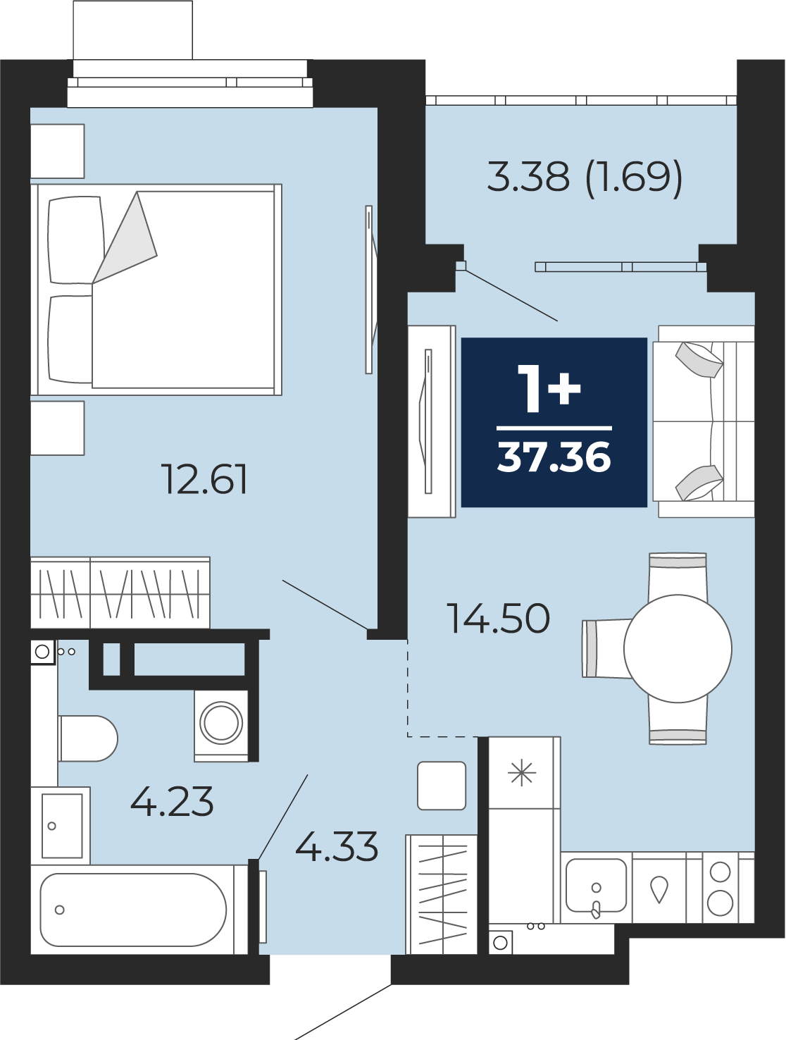 Квартира № 212, 1-комнатная, 37.36 кв. м, 11 этаж