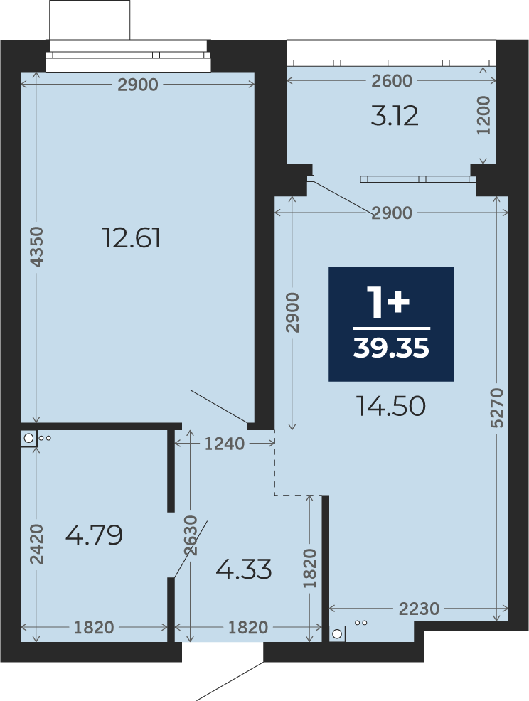 Квартира № 122, 1-комнатная, 39.35 кв. м, 2 этаж