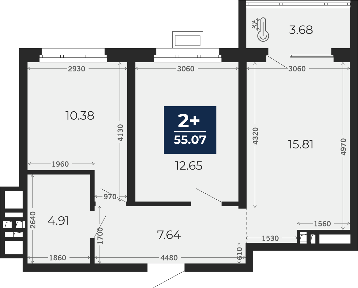 Квартира № 752, 2-комнатная, 55.07 кв. м, 2 этаж