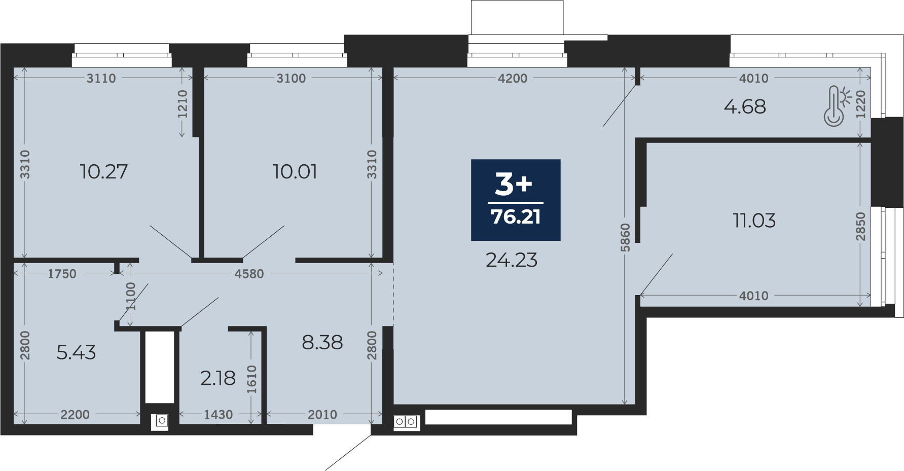 Квартира № 140, 3-комнатная, 76.21 кв. м, 2 этаж