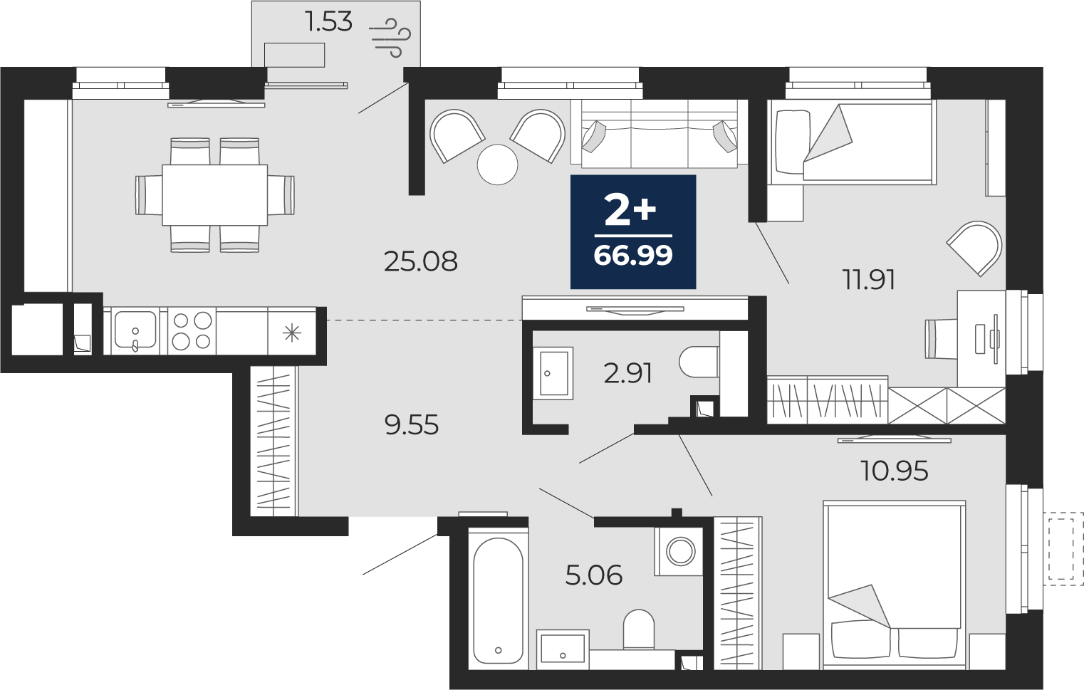 Квартира № 441, 2-комнатная, 66.99 кв. м, 2 этаж