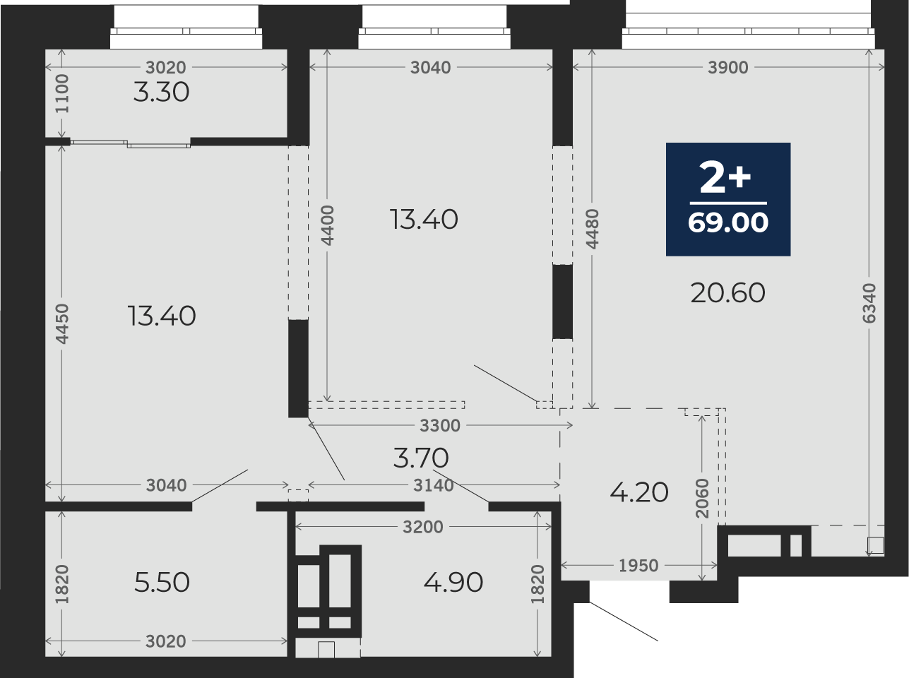 Квартира № 376, 2-комнатная, 69 кв. м, 5 этаж