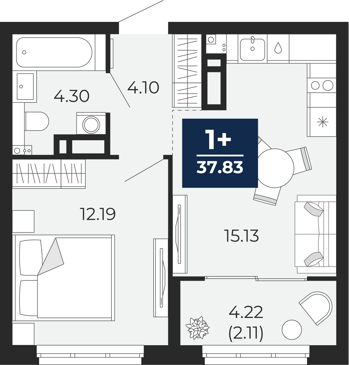 Квартира № 248, 1-комнатная, 37.83 кв. м, 7 этаж