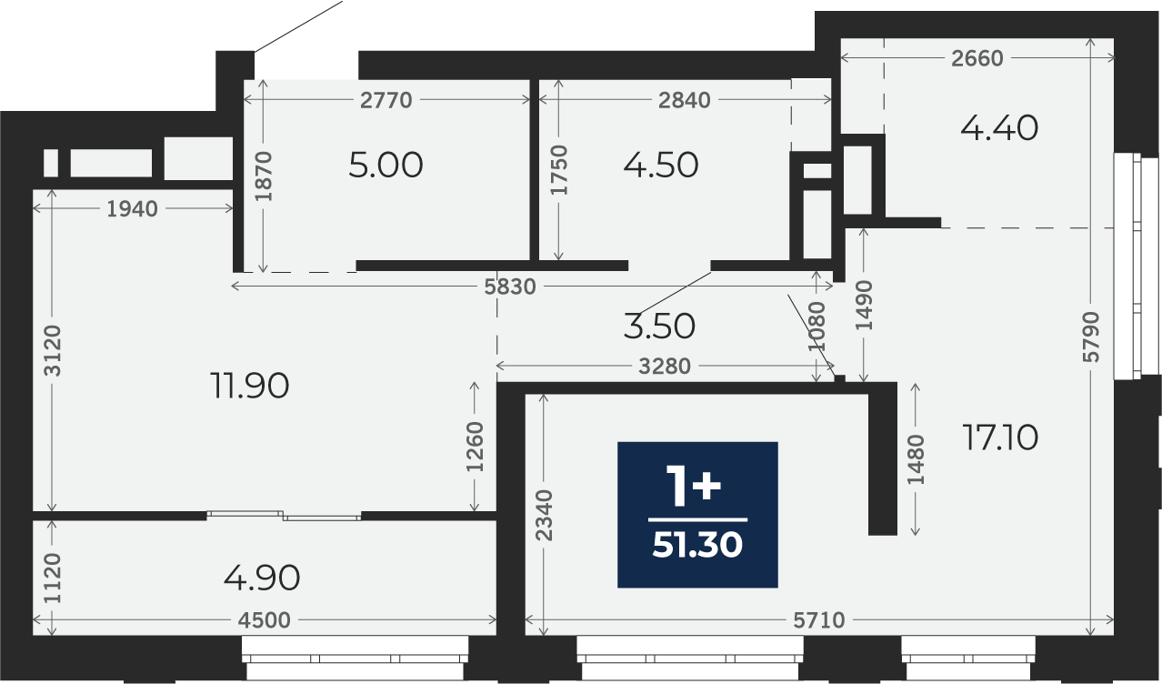 Квартира № 356, 1-комнатная, 51.3 кв. м, 18 этаж