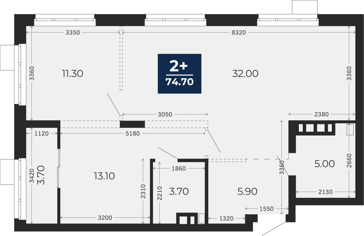 Квартира № 450, 2-комнатная, 74.7 кв. м, 4 этаж
