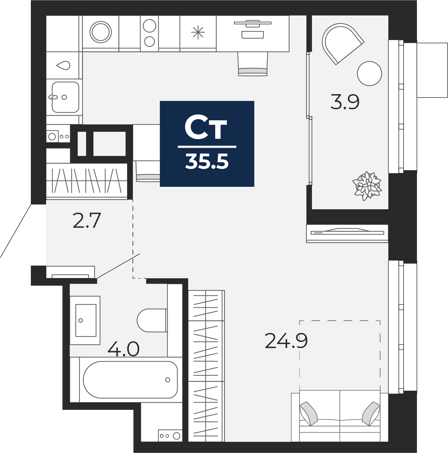 Квартира № 339, Студия, 36.1 кв. м, 16 этаж