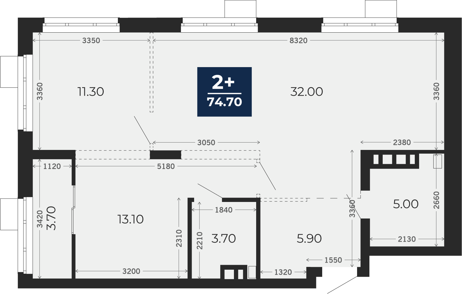 Квартира № 446, 2-комнатная, 74.7 кв. м, 3 этаж