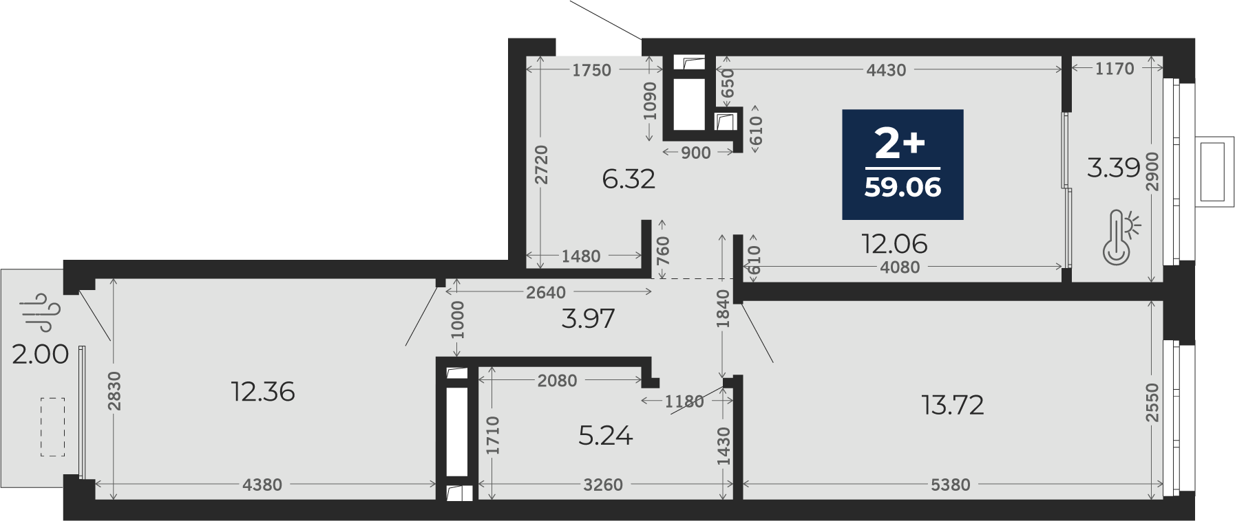 Квартира № 346, 2-комнатная, 59.06 кв. м, 6 этаж