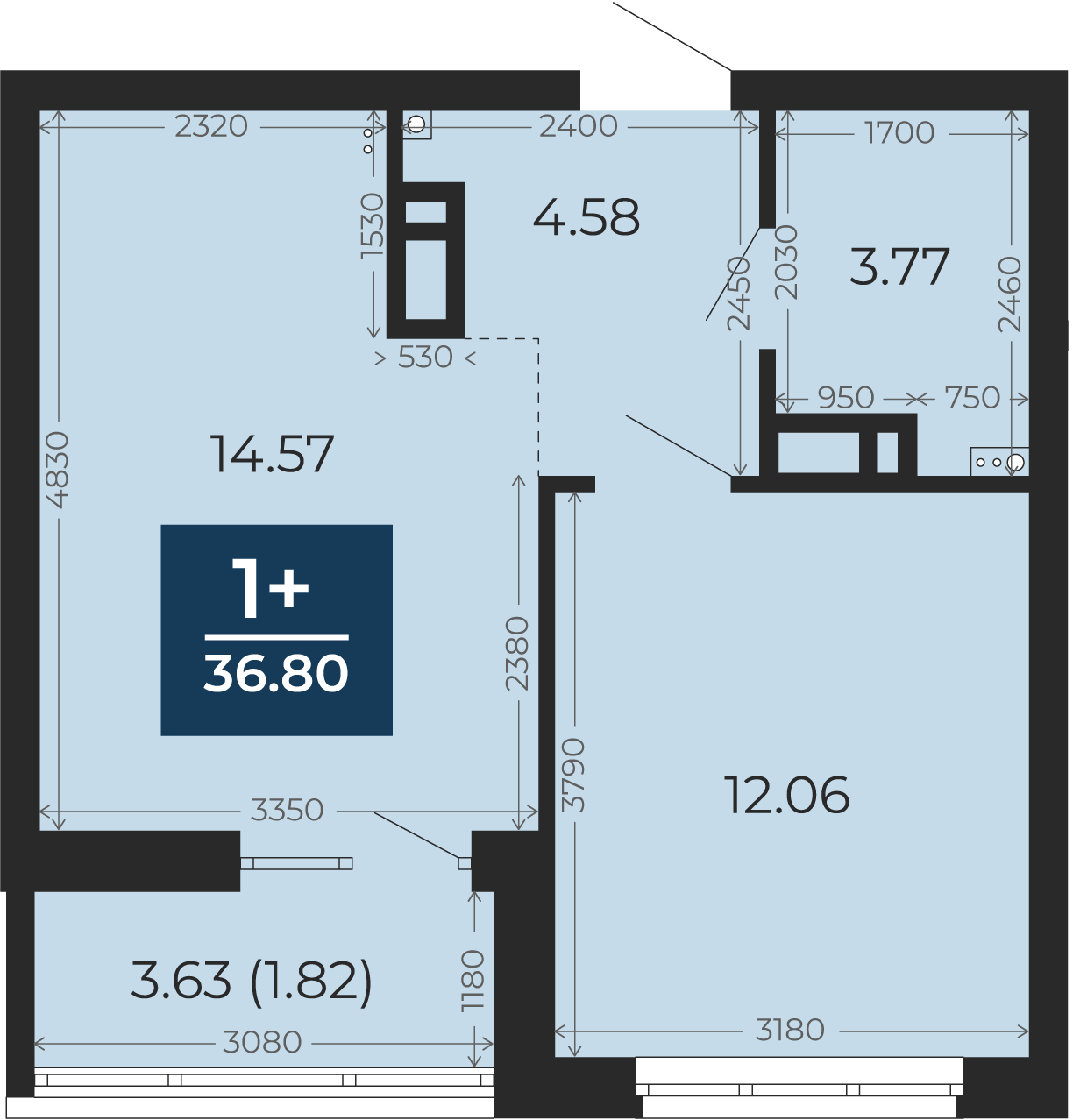 Квартира № 363, 1-комнатная, 36.8 кв. м, 4 этаж