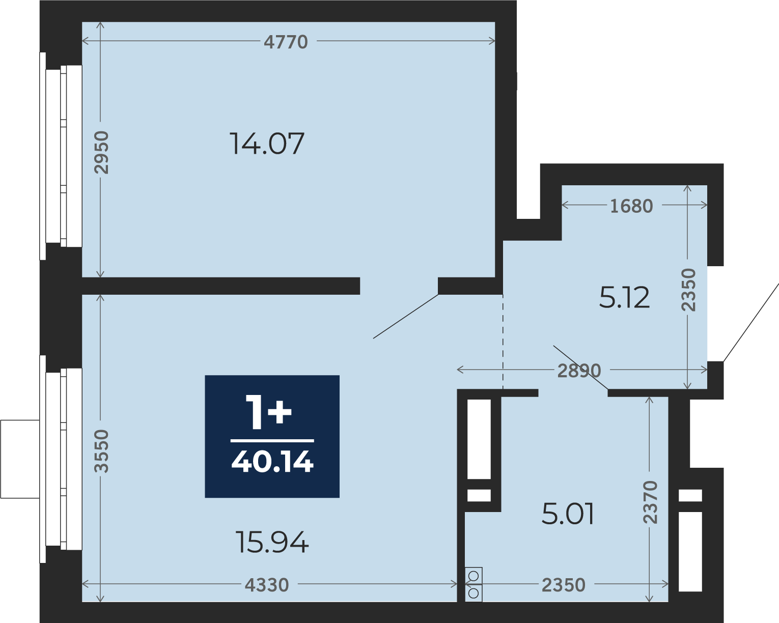 Квартира № 171, 1-комнатная, 40.14 кв. м, 11 этаж
