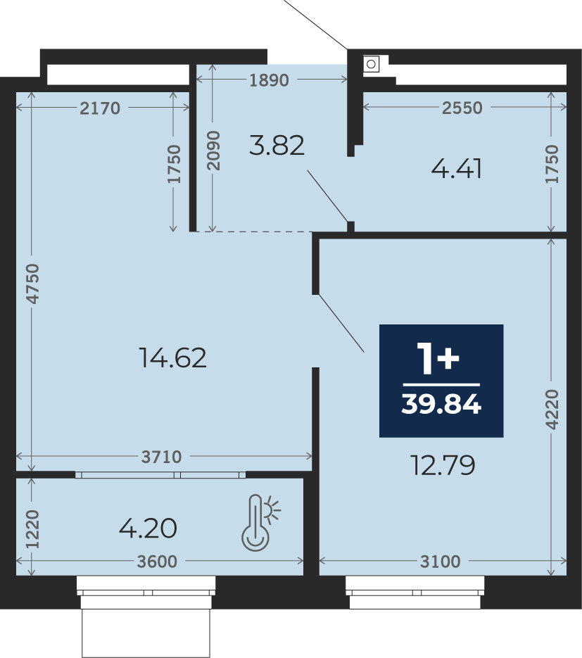 Квартира № 49, 1-комнатная, 39.84 кв. м, 11 этаж
