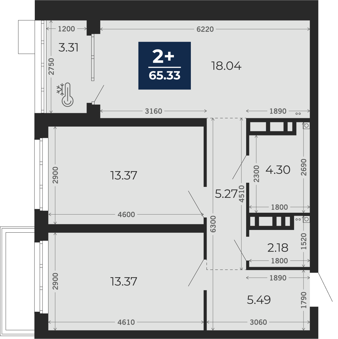 Квартира № 7, 2-комнатная, 63.68 кв. м, 2 этаж