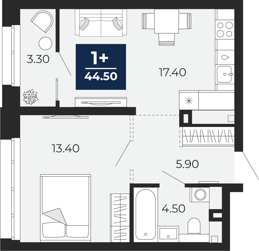 Квартира № 52, 1-комнатная, 44.5 кв. м, 2 этаж