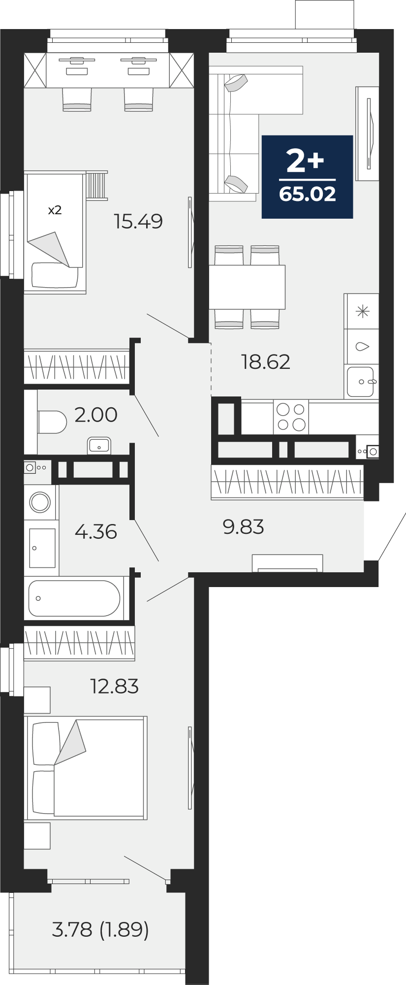 Квартира № 269, 2-комнатная, 65.02 кв. м, 17 этаж