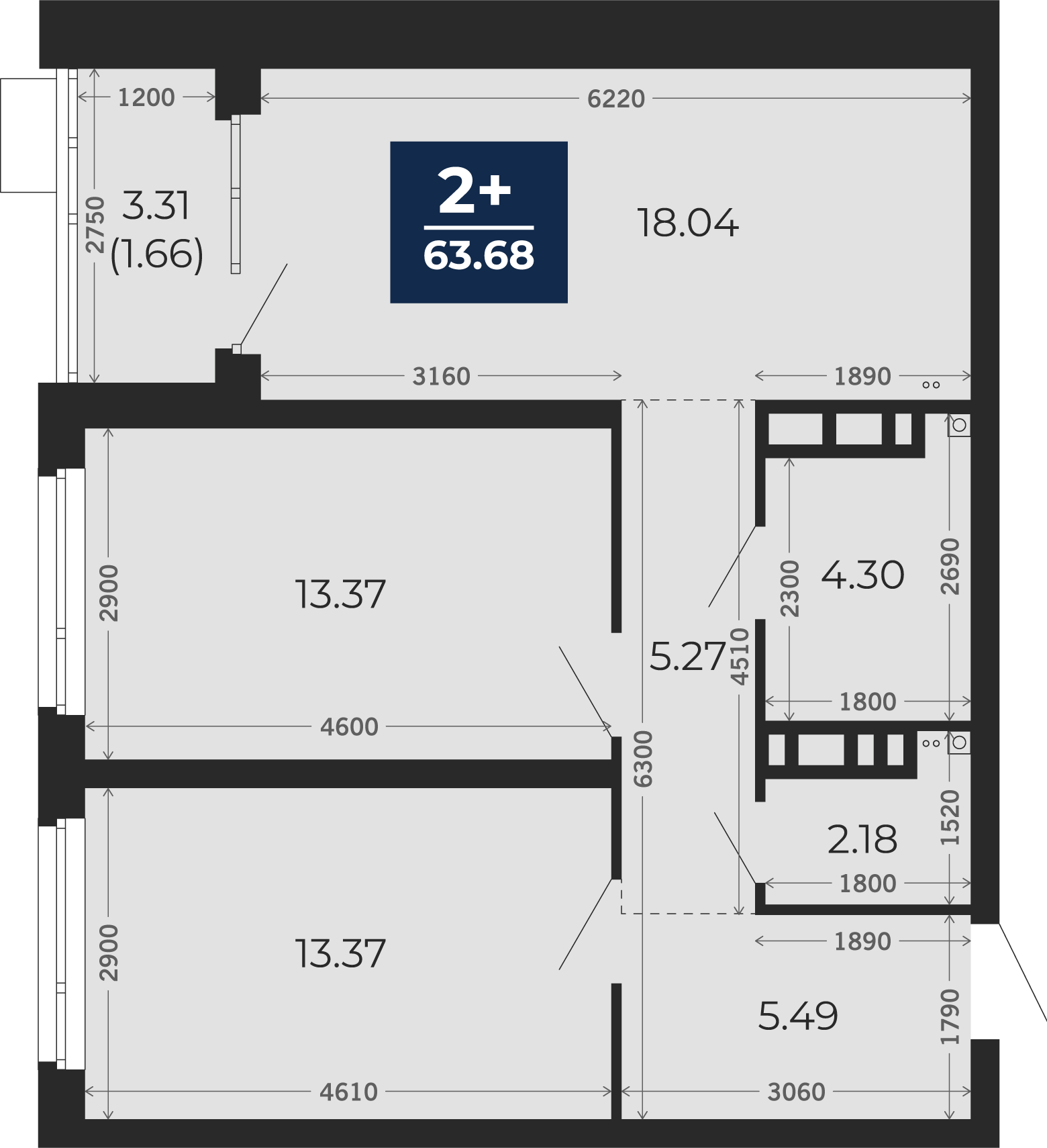 Квартира № 87, 2-комнатная, 65.33 кв. м, 12 этаж