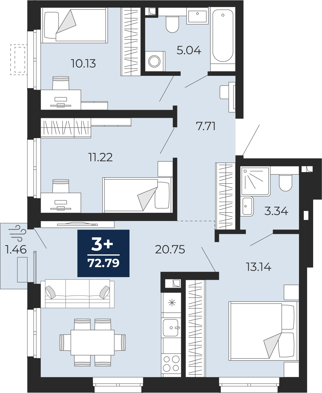 Квартира № 4, 3-комнатная, 72.79 кв. м, 2 этаж