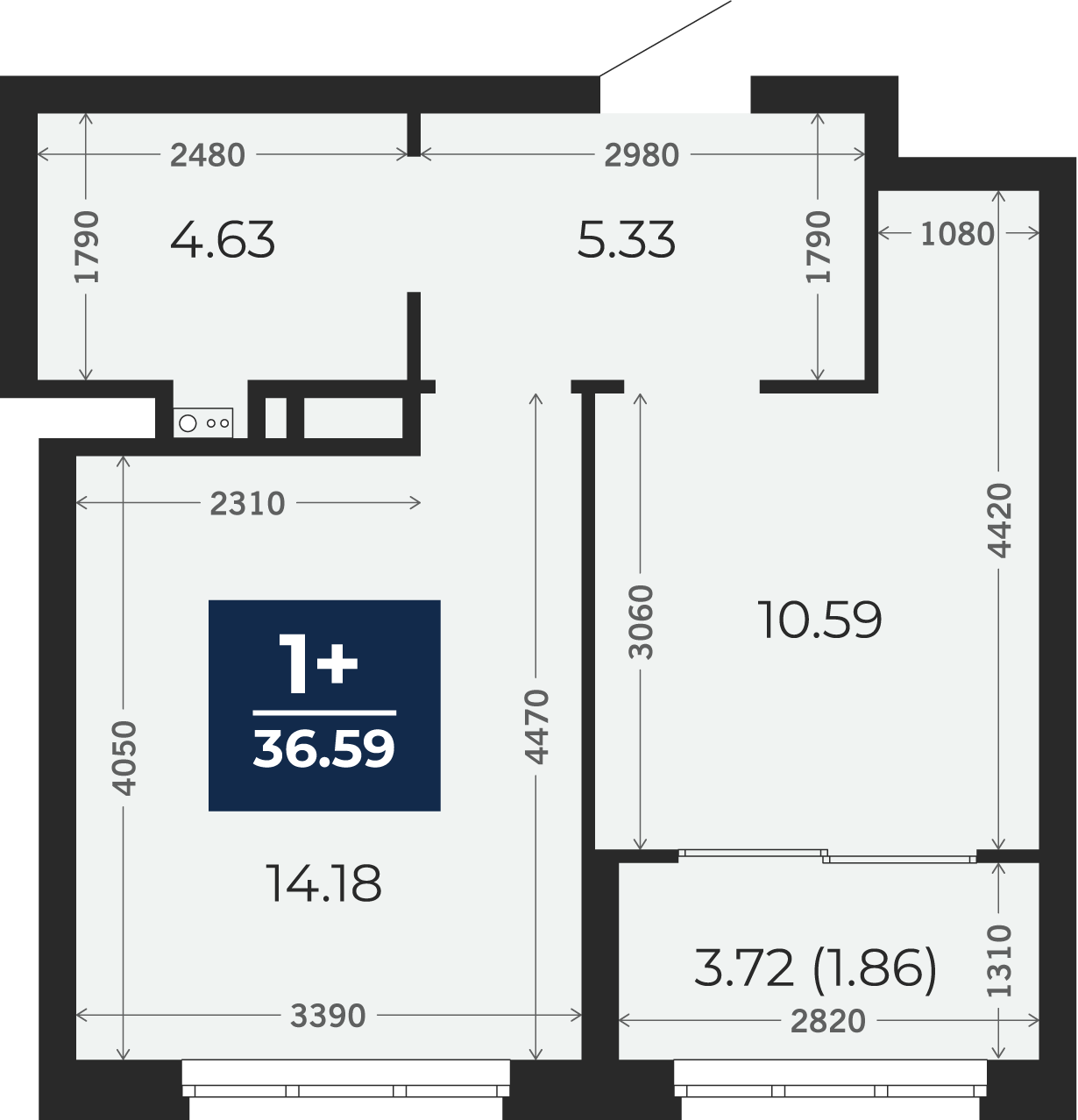 Квартира № 52, 1-комнатная, 36.59 кв. м, 4 этаж