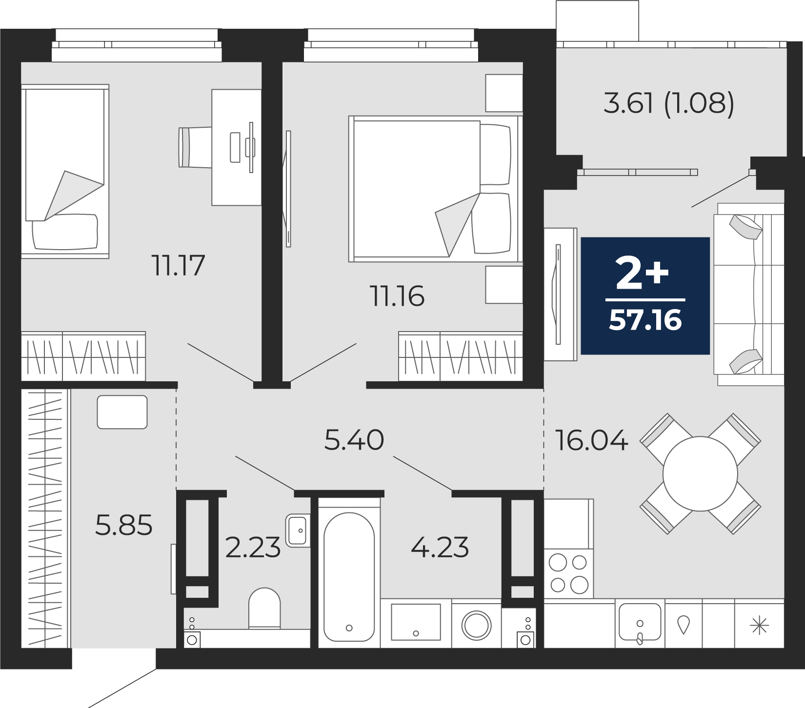 Планировка: Евротрешка 59.7 м² в ЖК Прео, Тюменская слобода