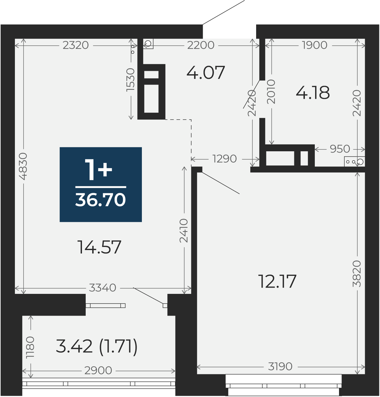 Квартира № 48, 1-комнатная, 36.7 кв. м, 7 этаж