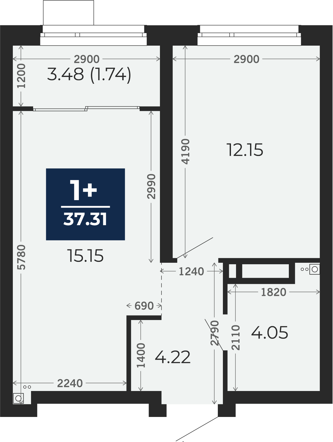 Квартира № 273, 1-комнатная, 37.31 кв. м, 17 этаж