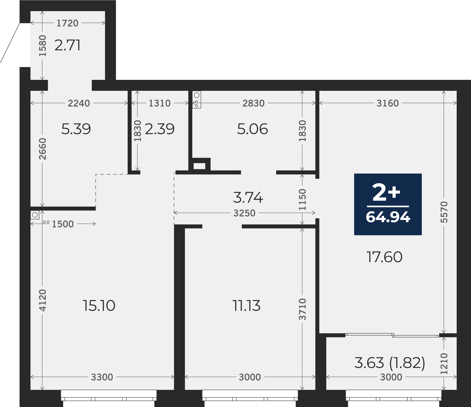 Квартира № 148, 2-комнатная, 64.94 кв. м, 1 этаж