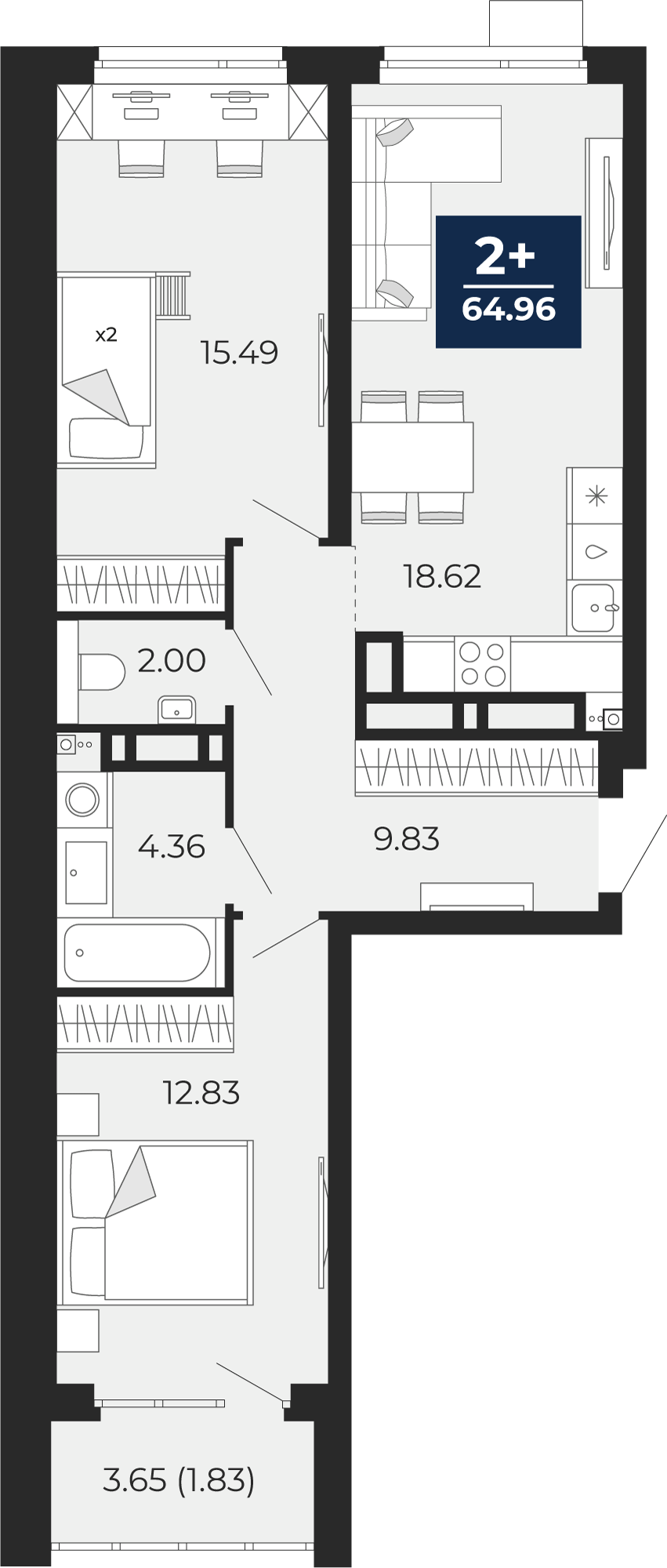 Квартира № 229, 2-комнатная, 64.96 кв. м, 13 этаж