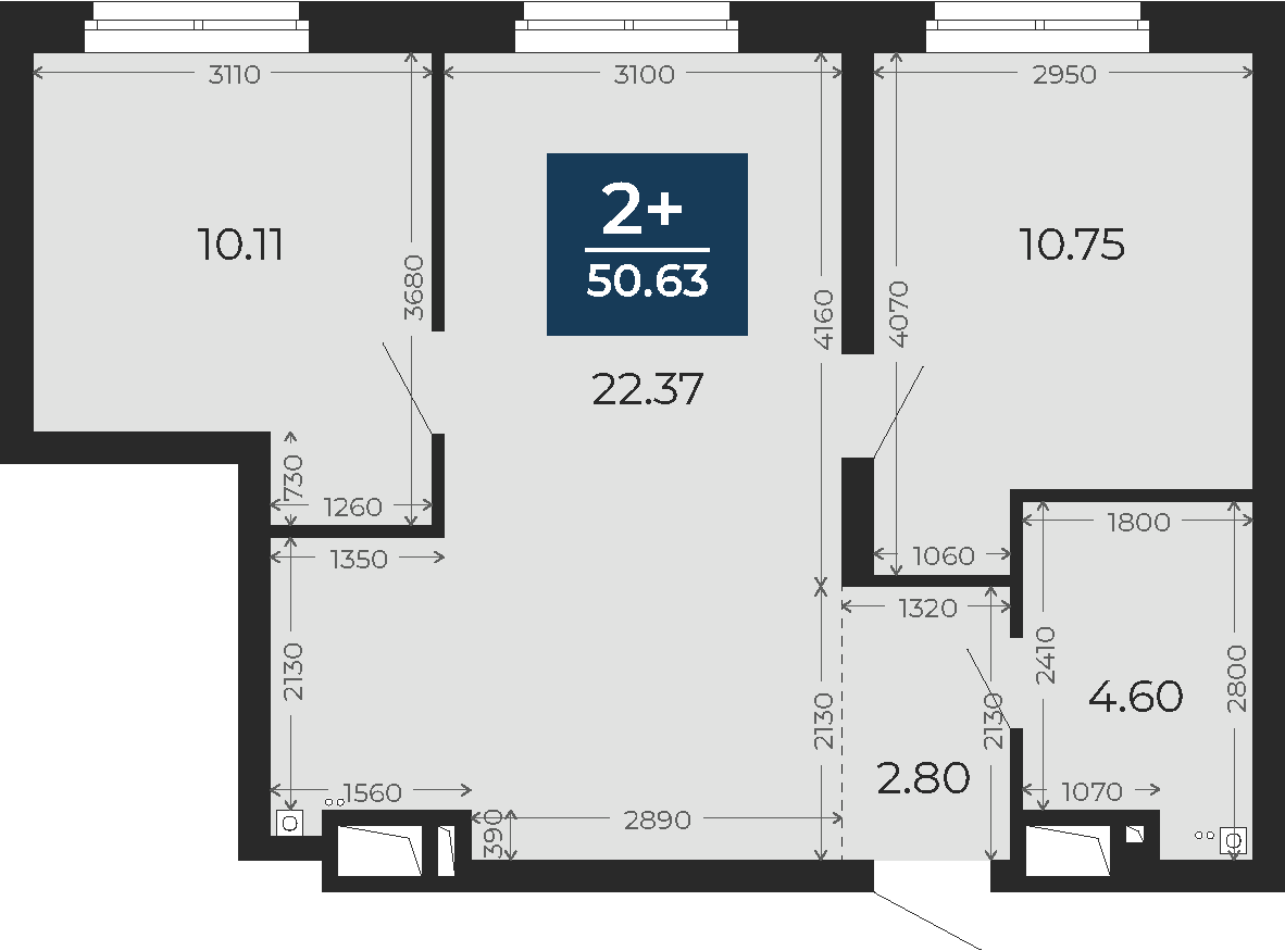 Квартира № 59, 2-комнатная, 50.63 кв. м, 6 этаж