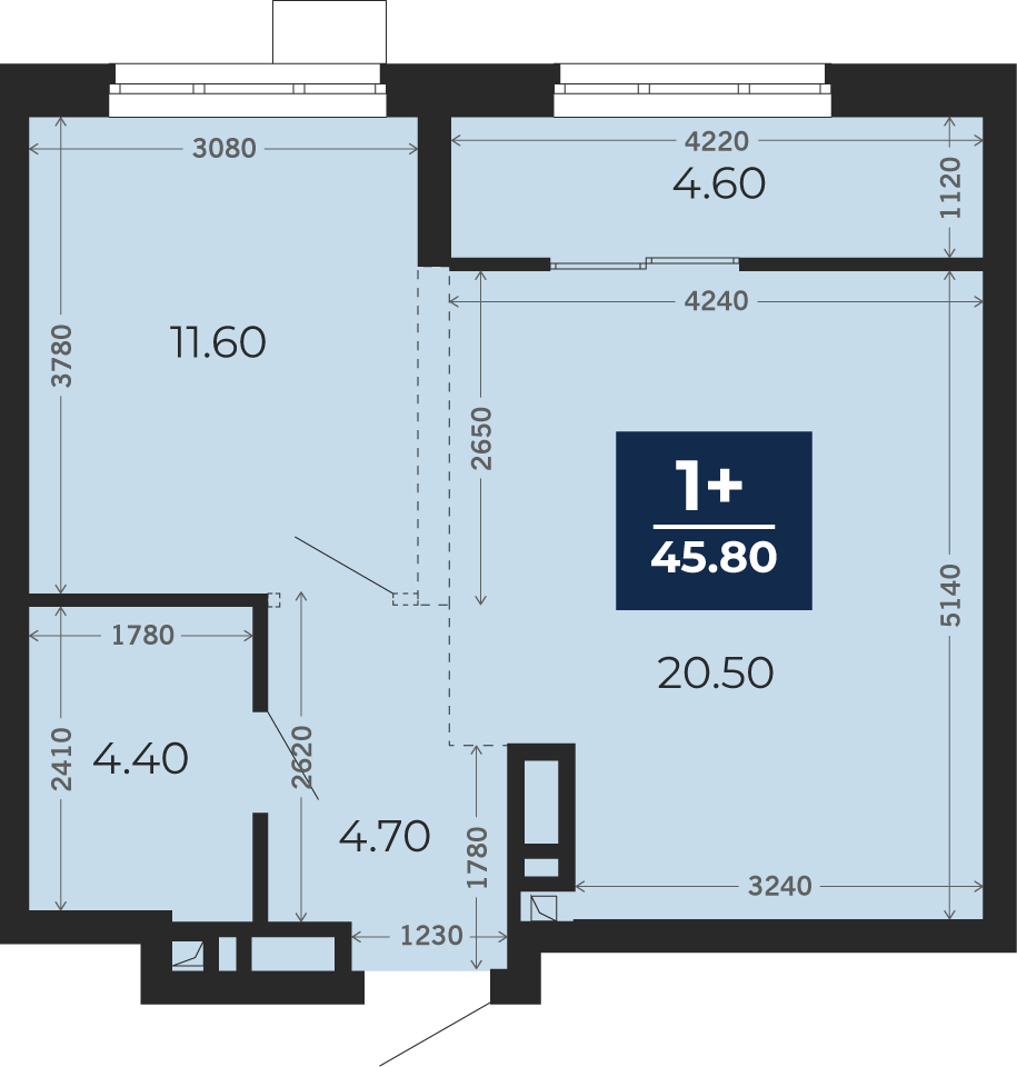 Квартира № 90, 1-комнатная, 45.8 кв. м, 15 этаж