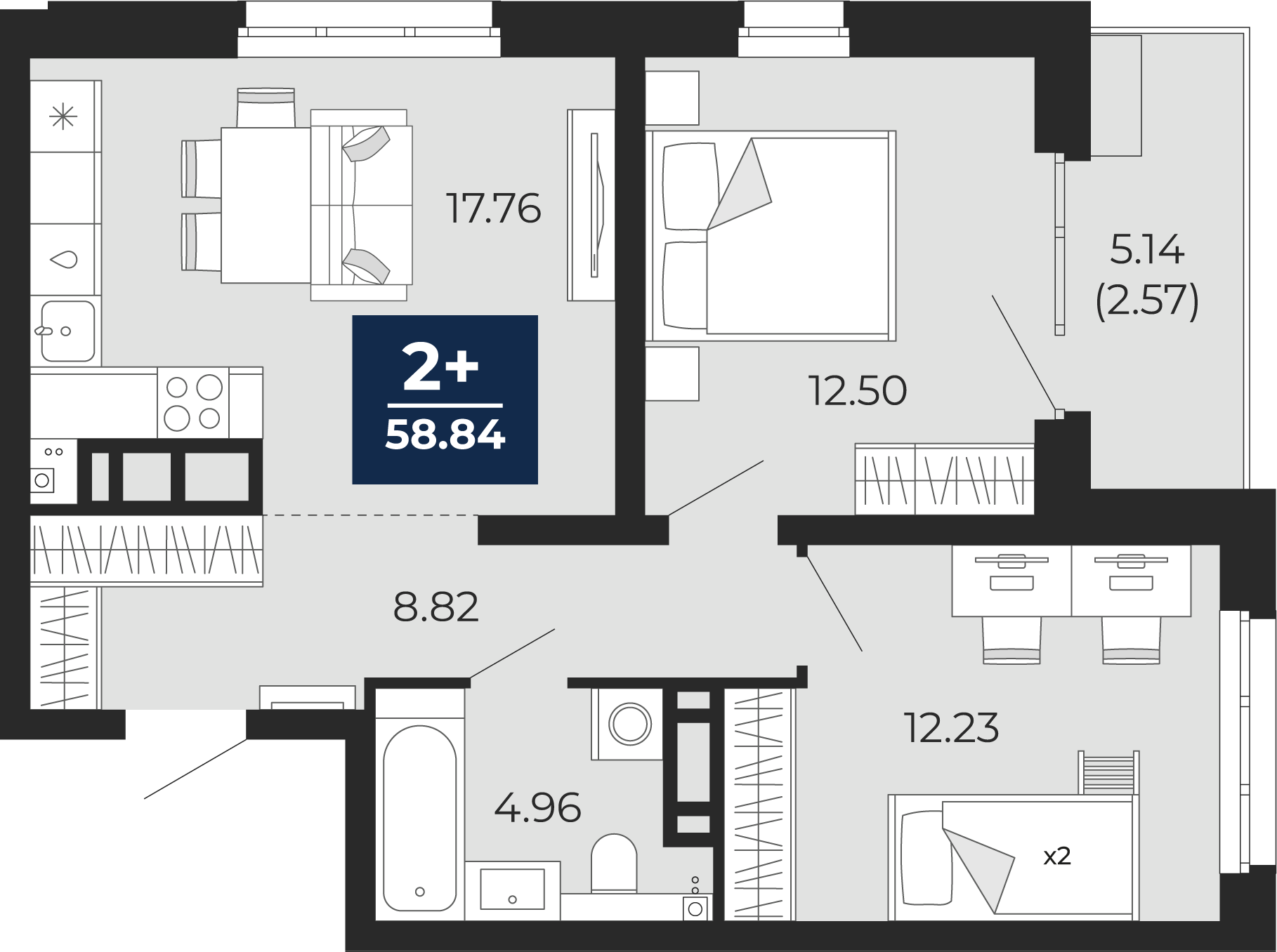 Планировка: Евротрешка 61.4 м² в ЖК Прео, Тюменская слобода