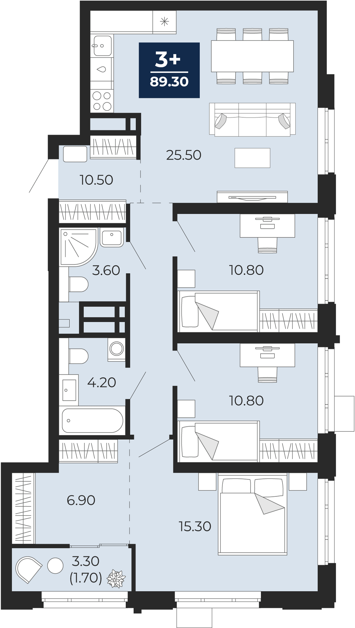 Квартира № 138, 3-комнатная, 89.3 кв. м, 8 этаж